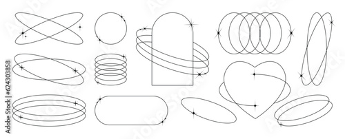 Set of geometric shapes in trendy 90s style. Black trendy design with frame, sparkles, heart, circle, star, lines. Y2k aesthetic element illustrated for banners, social media, poster design, sticker.