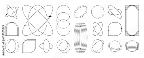 Set of geometric shapes in trendy 90s style. Black trendy design with frame, sparkles, flower, circle, star, lines. Y2k aesthetic element illustrated for banners, social media, poster design, sticker.