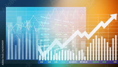 Colorful illustration image background of growth investment stock index data with graph, chart, number, candlesticks and arrow up symbol for business and industry presentation backdrop.