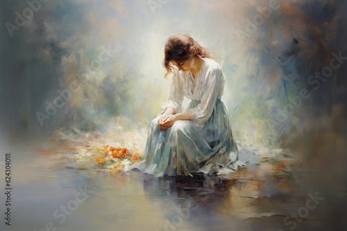 A girl in a long white dress is praying by the river