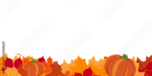 Autumn colorful background with maple leaves and pumpkin. It can be used for a poster, flyer, invitation, postcard. Isolated illustration. Vector.
