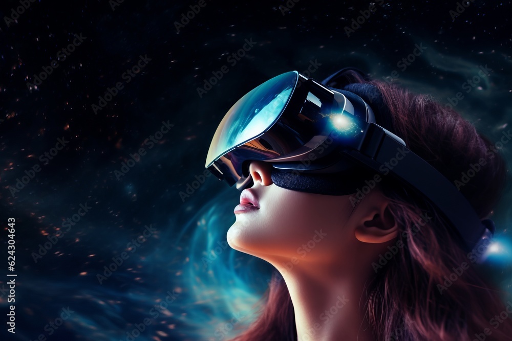 Close up of girl wearing VR headset user surreal wonderland. Cosmic background Close up of girl wearing VR headset user surreal wonderland. Cosmic background