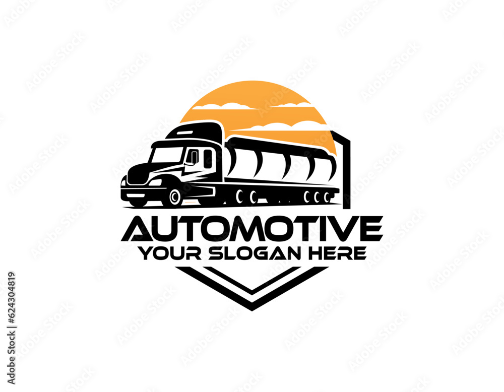 Fototapeta premium Vehicle. Big Cargo Truck. Tank. Gasoline tanker. Tank truck, fuel and oil tanker truck, septic tank pumping truck logo vector
