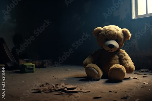 abandoned teddy bear sitting on the floor. 