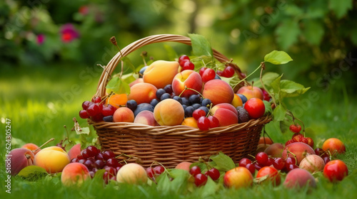 fruit berries in a basket on a background of green grass. Generative AI