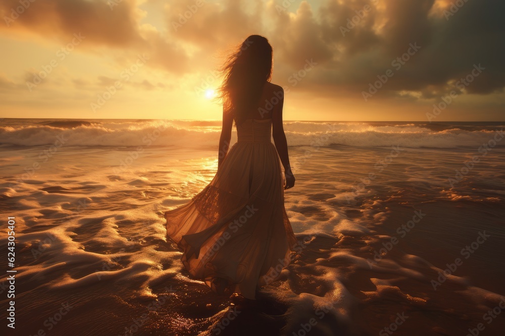Girl on beach sunset horizon. Generate ai Girl on beach sunset horizon. Generate ai