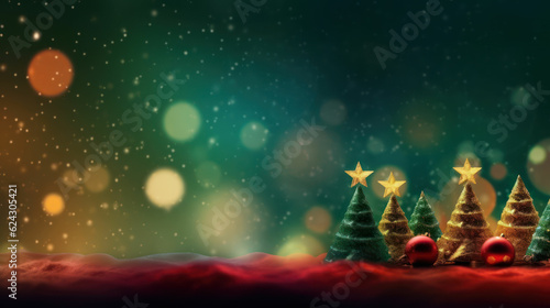 Christmas banner with blank space for text, xmas tree and sparkle bokeh lights on green