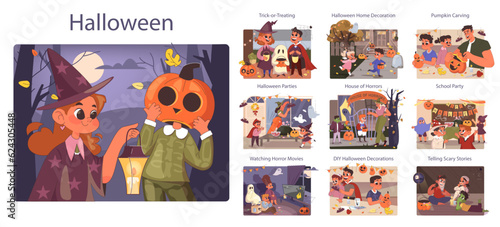 Halloween celebrating. Happy children wearing costume. Friends