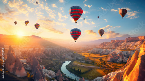 Hot air balloons flying above a mountain
