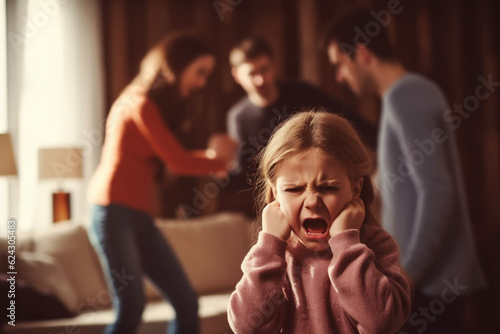 sad child in front of arguing and quarreling parents. Generative AI