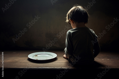 portrait of a child looking at an empty plate. 
