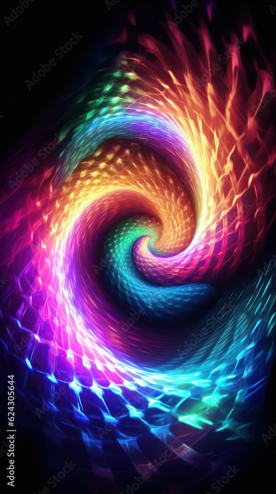 Abstract colorful background with glowing neon particles twisted into a spiral on a black background