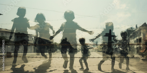 Multiple exposure of a group of children crossing border. Generative AI