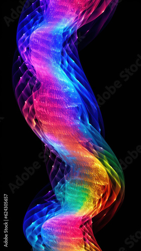 Abstract colorful background with glowing neon particles twisted into a spiral on a black background