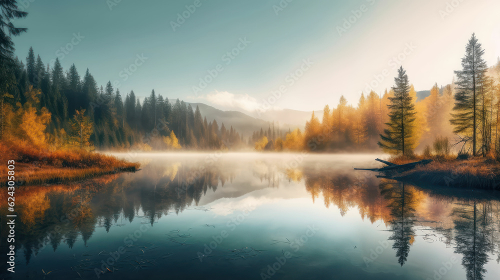 Autumn forest reflected in water.  Fog and sunrays