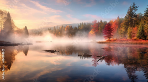 Autumn forest reflected in water.  Fog and sunrays © tashechka
