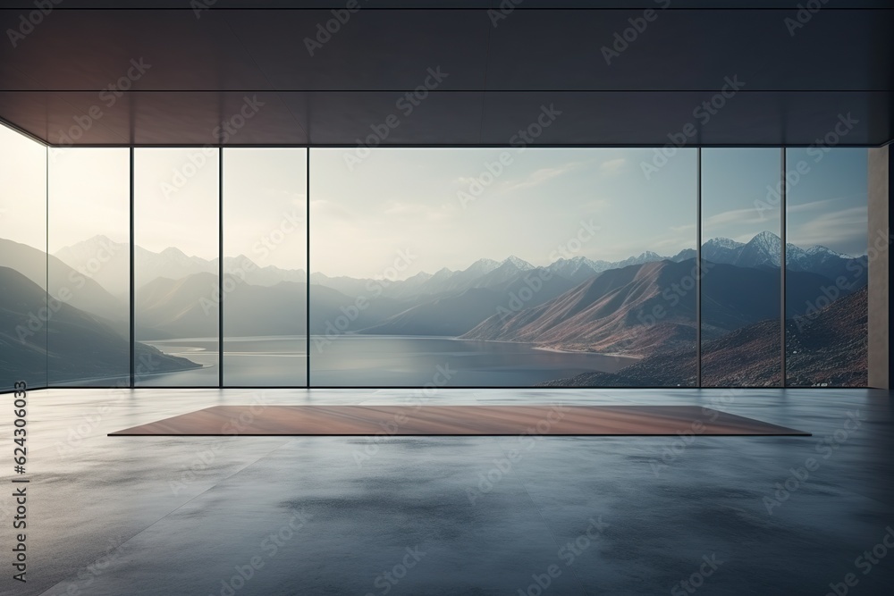 Fototapeta premium Cinematic still, minimalist room with a sky, floor to ceiling windows showing the mountain outside