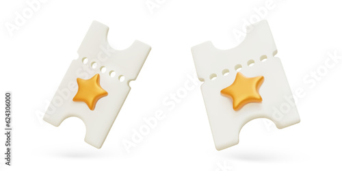 Realistic cinema tickets. Tear off ticket with perforation and gold star. Isolated vector modern icons. Images for design of online cinemas, sites, applications