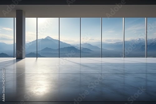 Cinematic still  minimalist room with a sky  floor to ceiling windows showing the mountain outside