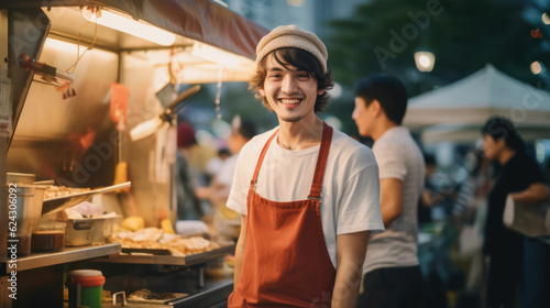 Young smiling Asian man preparing food in a street kitchen © tashechka