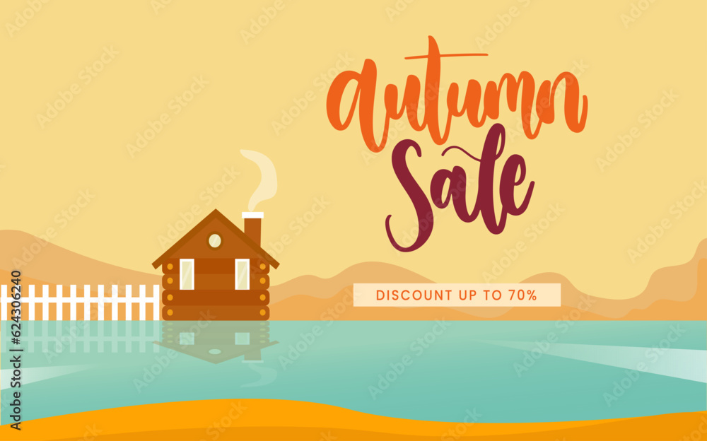 Colorful autumn background, with a house and a river for the autumn sales season.It can be used for banners, posters, invitations. Vector illustration.