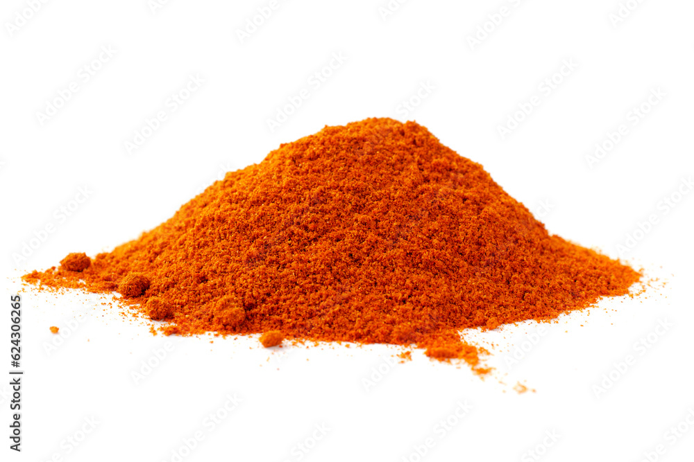 Red pepper powder isolated on white background, top view. Heap of red pepper powder on white background. Red paprika, powder, isolated on white background. Pile of red paprika. Red pepper powder isolated on white background, top view. Heap of red pepper powder on white background. Red paprika, powder, isolated on white background. Pile of red paprika.