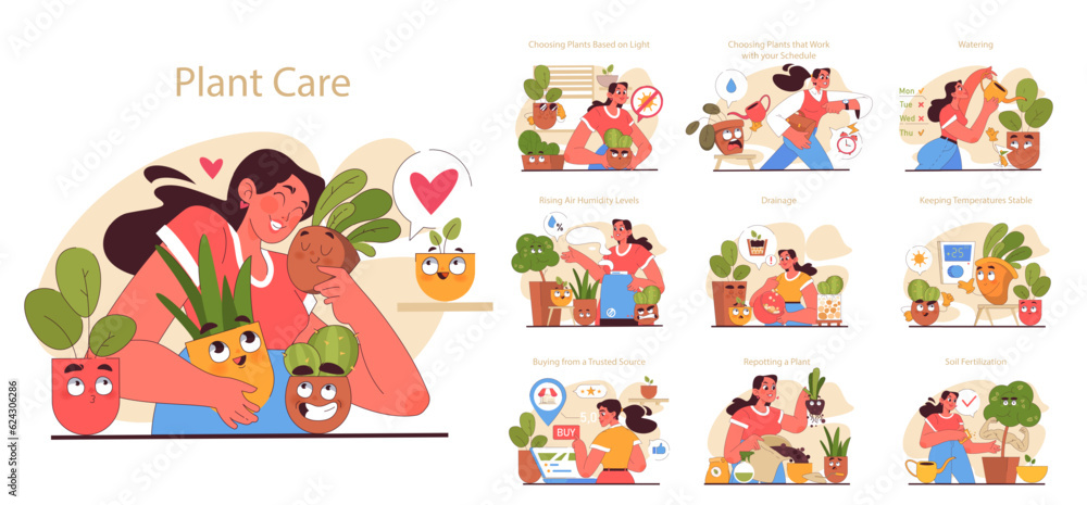 Fototapeta premium House plant care tips set. Character enjoy gardening taking care