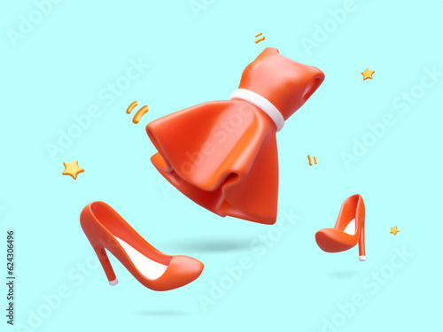 Women clothing and shoes. Advertising poster in cartoon style. Floating 3D objects on blue background. Dress, high heeled shoes, sequins, stars. Modern fashion