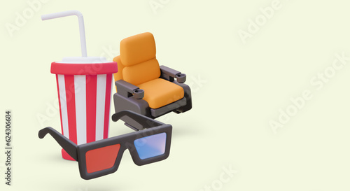 Cinema set. Realistic chair, anaglyph glasses, striped cup with drink. Concept for movie night. Modern web design. Color advertising banner on yellow background