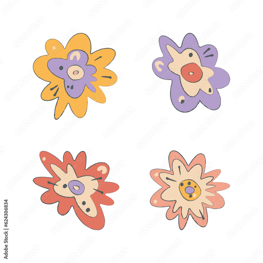 Abstract flower organic shapes clipart set. Hand drtawn doodle cartoon style design. Cute floral web decor. Pencil brush stroke effect. Bright yellow, cream colored vector illustration