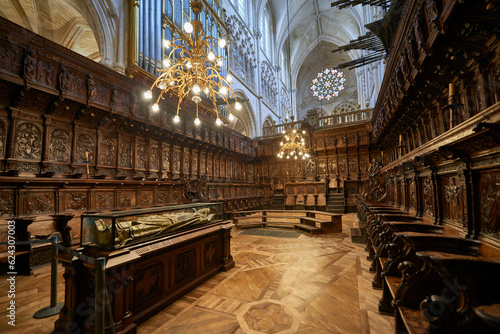 Carved choir with wooden parquet and seats in the cathedral of santa maria de burgos