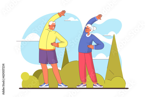 Old characters doing an outdoor workout in the city park. Active elderly