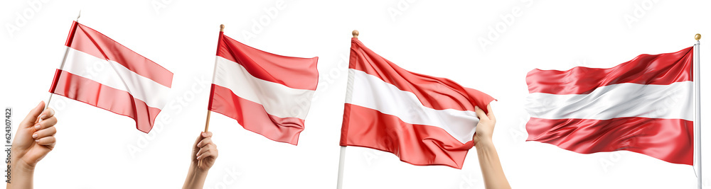 Set of flags of Austria. Austria symbols design elements. The hand holds the flag of Austria. Large Austrian flag waving in the wind. Isolated on a transparent background. KI. Set of flags of Austria. Austria symbols design elements. The hand holds the flag of Austria. Large Austrian flag waving in the wind. Isolated on a transparent background. KI.