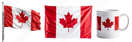 Canada flag set. Canada symbols design elements. The flag of Canada hangs on the wall. Large flag of Canada waving in the wind. Isolated on a transparent background. KI.	 photo
