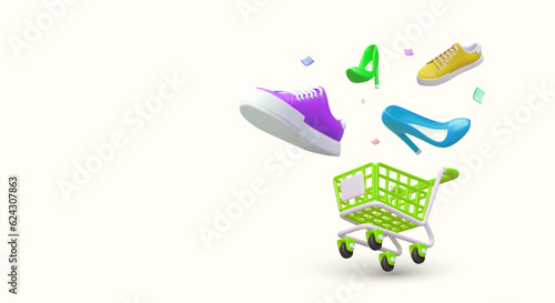Funny advertisement of shoe store. Shopping cart, flying colored footwear, price tags. Super promotion, new collection, big discounts. Shopping time. Concept with space for information from advertiser