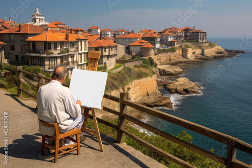 Artist paints mock-up in a seaside resort village. Generative AI 7 © MaVeRa