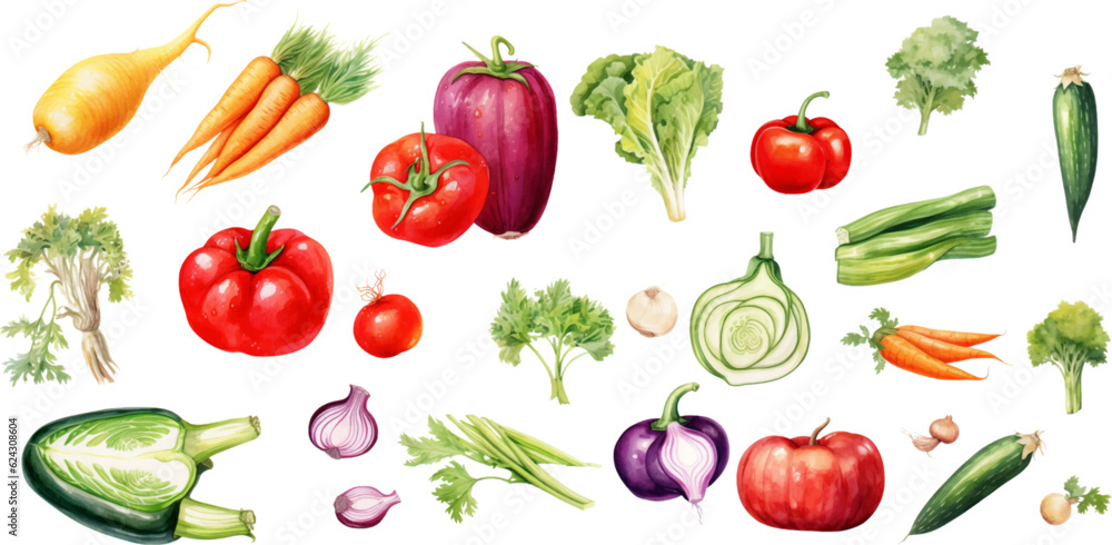 Set of watercolor mixed vegetables Easy to draw, white background Set of watercolor mixed vegetables Easy to draw, white background
