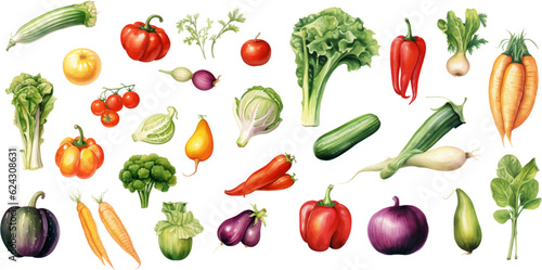 Set of watercolor mixed vegetables Easy to draw, white background