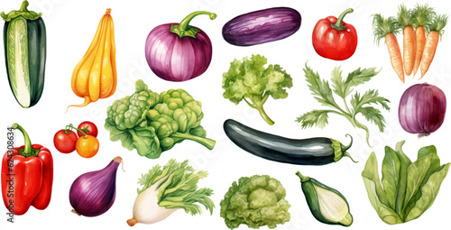 Set of watercolor mixed vegetables Easy to draw, white background