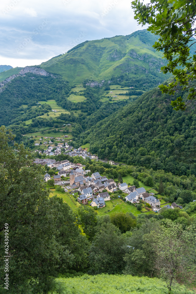View from above of the municipality of Borce in the French Pyrenees and its beautiful mountains