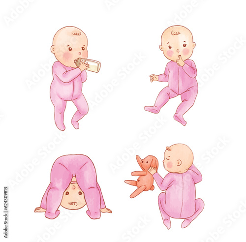 Set of Watercolor illustration of cute baby in pink pajamas