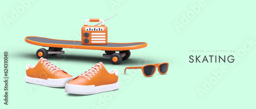Modern skating with music. Realistic skateboard, portable radio, sunglasses, sneakers. Fun sports lifestyle. Youth entertainment. Color advertising horizontal poster