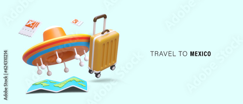 Welcome to Mexico. Travel abroad. 3D illustration. Sombrero and suitcase, world map, airline tickets. Cultural recreation, sightseeing. National cuisine music, dancing. Bright rest