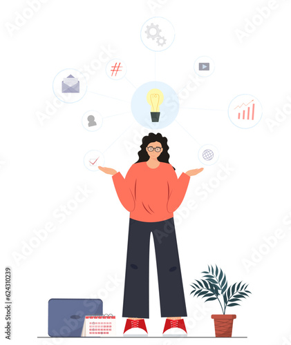 Person trying to solve the problem, thinking, searching idea, trying to find a solution, brainstorming concept, flat vector illustration