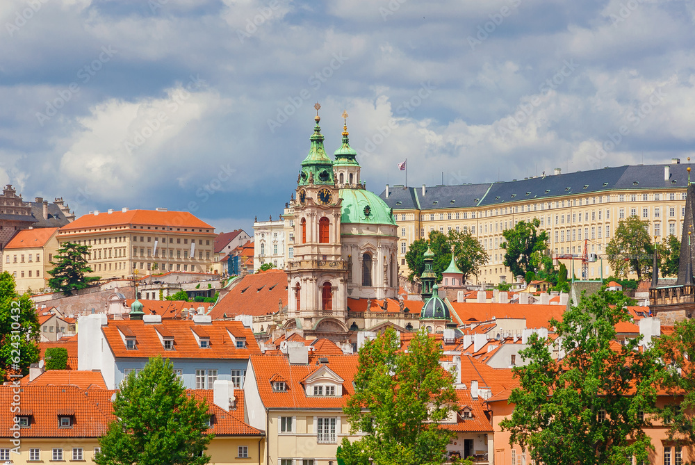 Mala Strana old district with St Nicholas Church baroque dome and clocktower in Prague