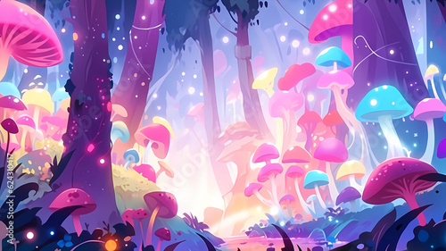 Hand drawn cartoon beautiful illustration of fairy mushroom forest  © 俊后生