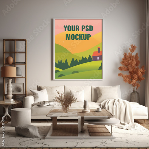Vector image Mockups Editable background board in a cosy living room with light effects and design interior.