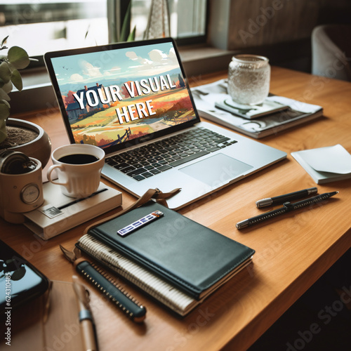 Laptop mockup, image mockup. Desktop with modern style supplies. Editable screen for advertising or your web visual.