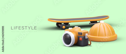 Active sports lifestyle. Realistic skateboard, round hat, camera. Fun leisure time. Promotion of healthy recreation in urban conditions. Accessories for sports style