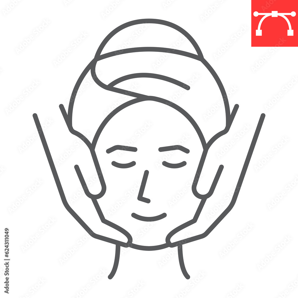 Face massage line icon, SPA and beauty salon, antiage massage vector icon, vector graphics, editable stroke outline sign, eps 10. Face massage line icon, SPA and beauty salon, antiage massage vector icon, vector graphics, editable stroke outline sign, eps 10.